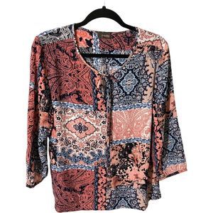 Crosby Paisley Printed 3/4 Puff Sleeves Blouse Smock Womens Large EUC